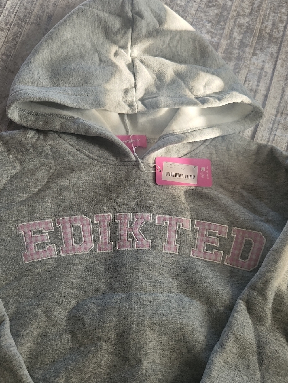 Edikted Gray Hoodie with Pink Lettering
